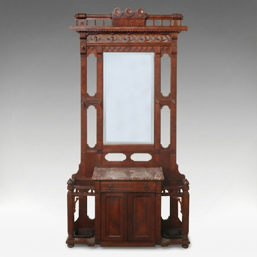 Victorian Eastlake Style Carved Walnut and Burl Hall Tree